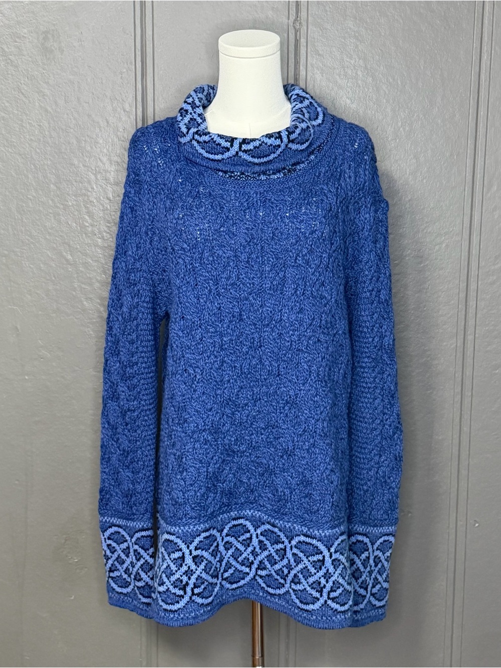 Vintage Aran Crafts Ireland Blue Cable-Knit Sweater with Celtic Trim